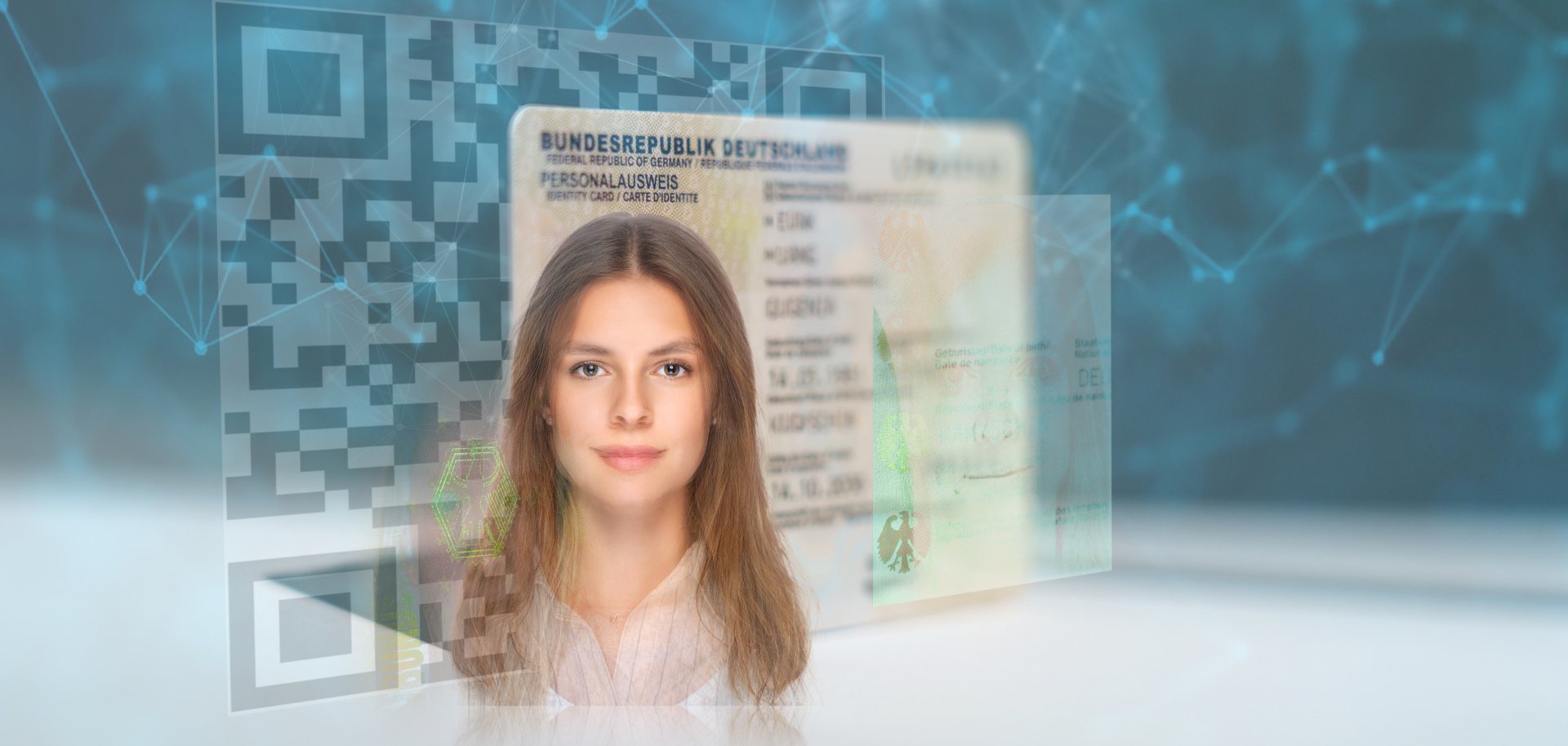 Biometric technology digital face scanning form of a new, modern german ID card, triangles and particle style design