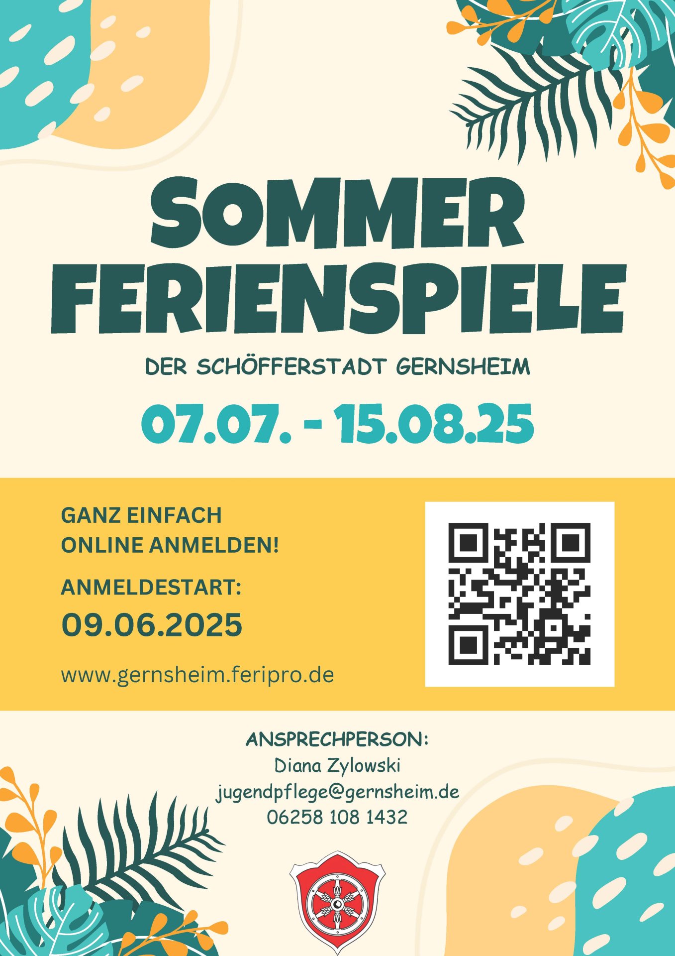 Flyer über die städtischen Sommerferienspiele 2025 mit Datum, Anmelde-QR-Code und Ansprechpartnerin