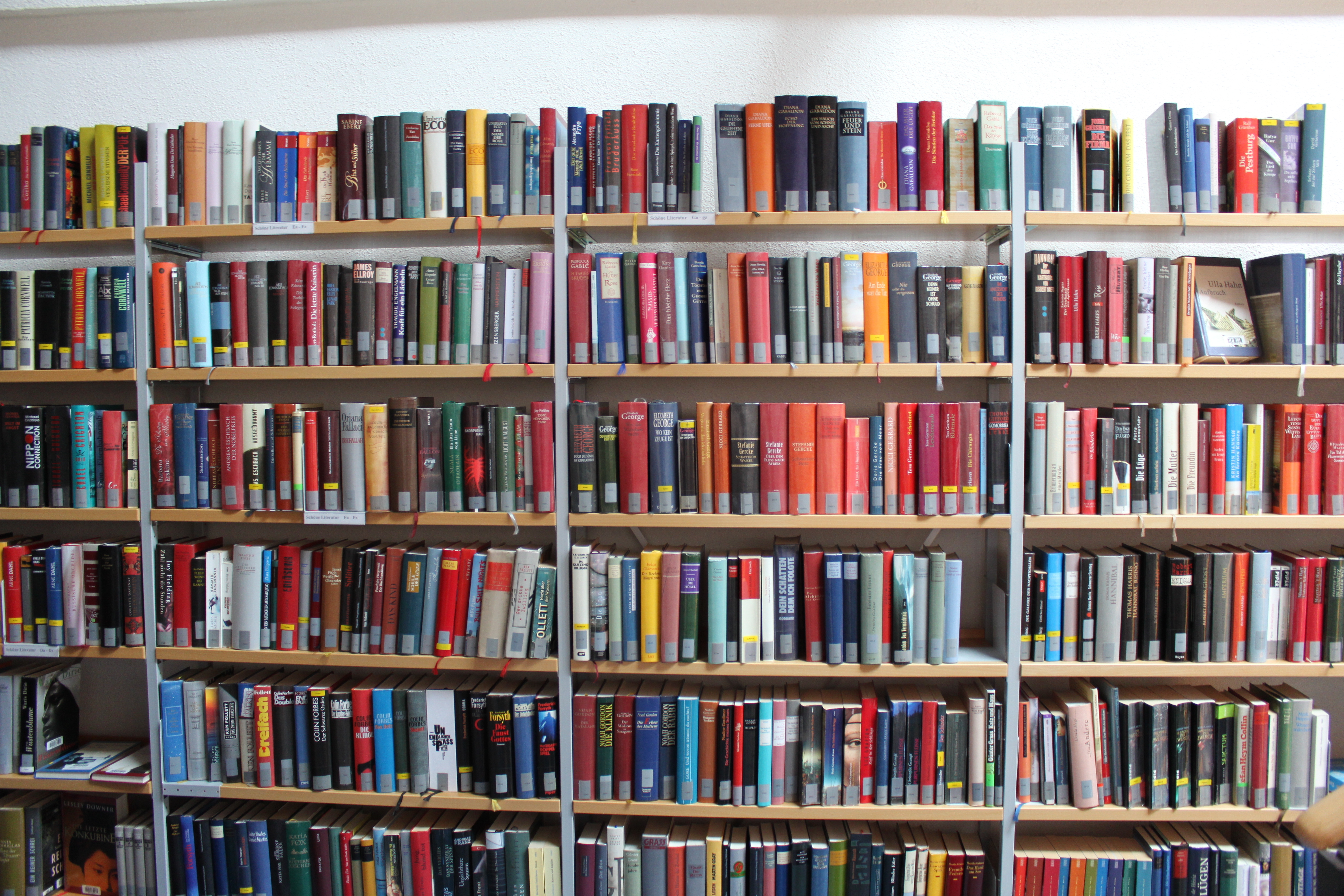 5 Reihen Bücher in einem Bücherregal