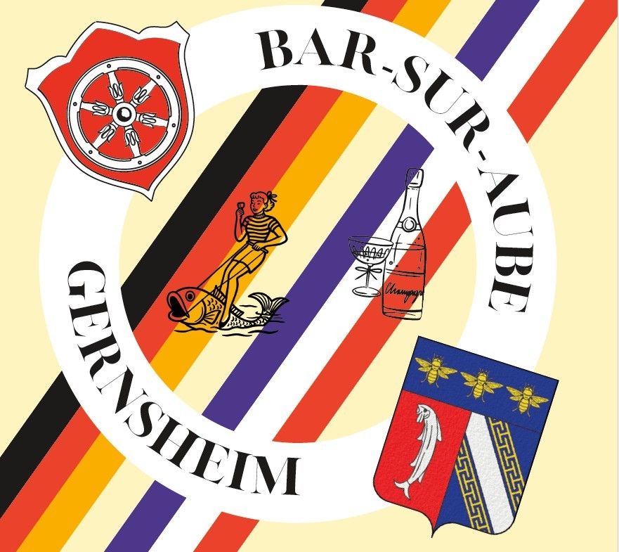 Illustrative Grafik mit zwei Wappen und dem Text „BAR-SUR-AUBE – GERNSHEIM“, diagonal verlaufenden bunten Streifen sowie Symbolen (Fischerei, Wein/Feiern). Bar-sur-Aube und Gernsheim sind als Partnerorte dargestellt.