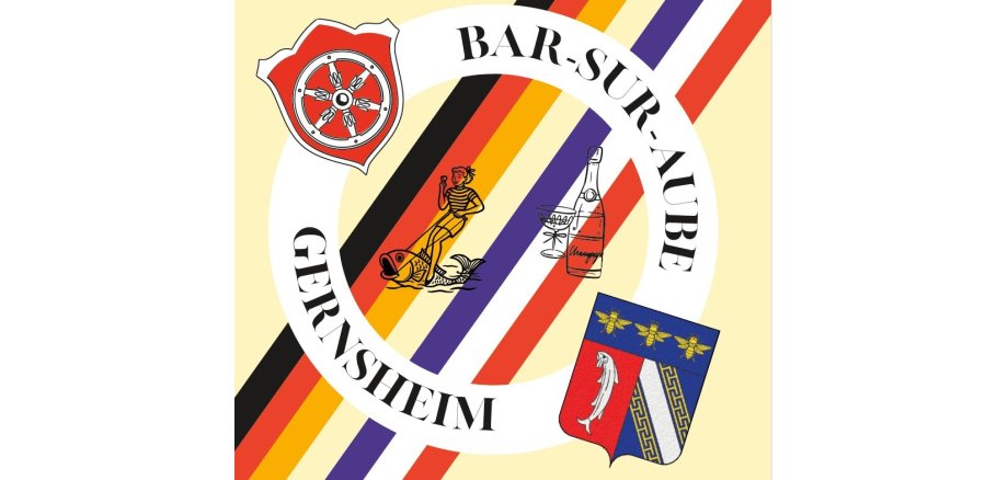 Illustrative Grafik mit zwei Wappen und dem Text „BAR-SUR-AUBE – GERNSHEIM“, diagonal verlaufenden bunten Streifen sowie Symbolen (Fischerei, Wein/Feiern). Bar-sur-Aube und Gernsheim sind als Partnerorte dargestellt.