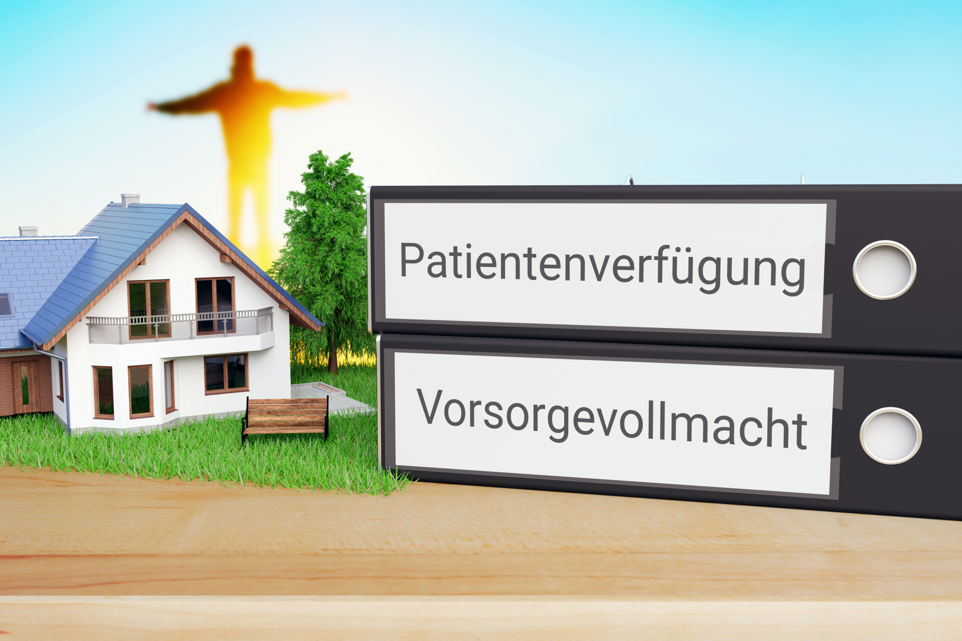 Eine symbolische Darstellung: Links steht ein Einfamilienhaus mit Garten. Dahinter ist eine leuchtende menschliche Silhouette mit ausgebreiteten Armen zu sehen. Rechts liegen zwei große Ordner mit den Beschriftungen „Patientenverfügung“ und „Vorsorgevollmacht“.