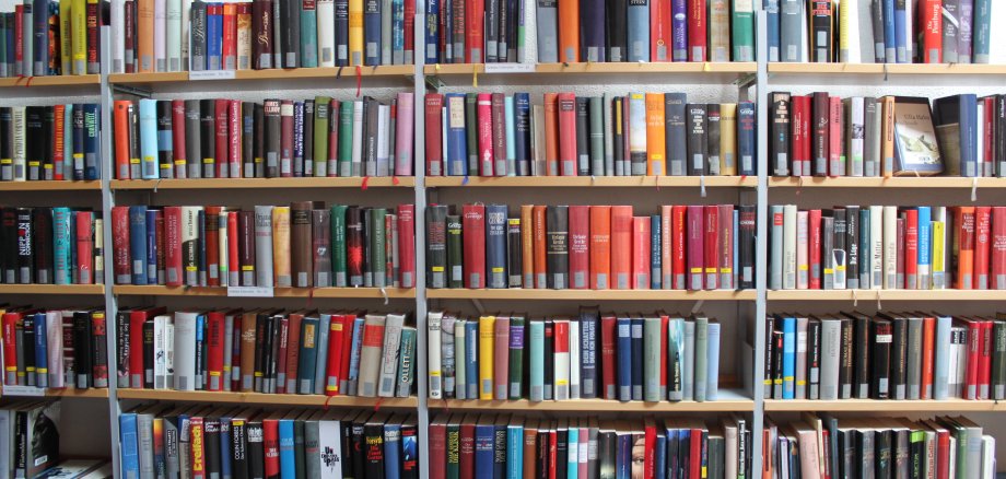 5 Reihen Bücher in einem Bücherregal