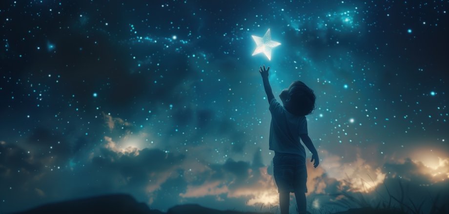 Small child reaching for a star Ein Kind steht als dunkle Silhouette auf einer Anhöhe und streckt die Hand nach einem leuchtenden Stern aus. Über ihm funkelt ein weiter, türkisblauer Nachthimmel; am Horizont ziehen helle Wolken vorbei.