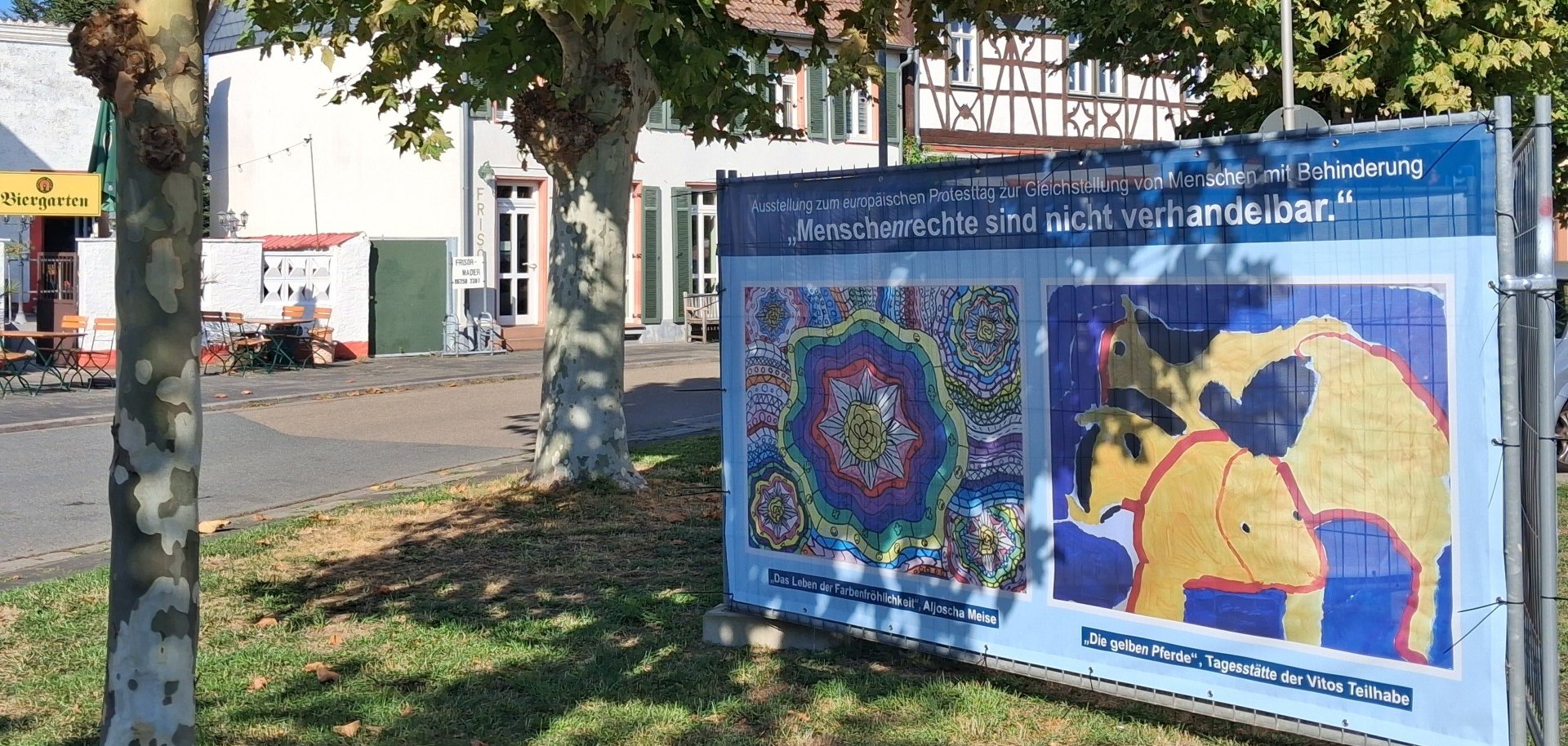 Ausstellungstafel unter großen Platanen auf einem Platz vor historischen Fachwerkhäusern. Die Tafel wirbt für eine europäische Protestausstellung zur Gleichstellung von Menschen mit Behinderung und trägt den Titel „Menschenrechte sind nicht verhandelbar.“ Zu sehen sind zwei farbenfrohe Kunstwerke: ein ornamentales, abstraktes Bild und eine Darstellung gelber Pferde.