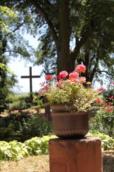 Eine Pflanzschale in Maria Einsiedel darin Blumen mit korallefarbenen Blüten im Hintergrund sieht man das Gedenkkreuz für die Verstorbenen Bäume und Sträucher rahmen den Hintergrund ein