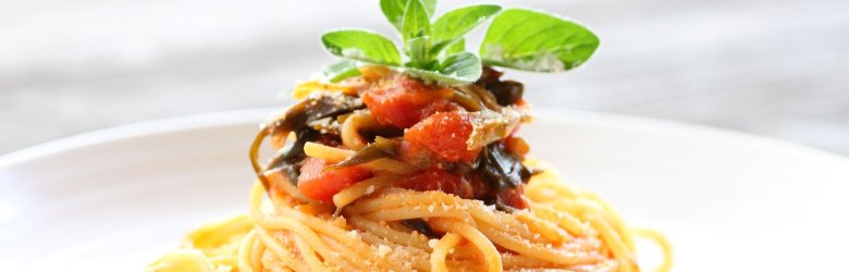 Auf einem weißen Teller befinden sich Spaghetti mit Tomatensoße. Darauf Tomatenstücke, frisches Basilikum und Parmesan.