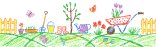 Mit Buntstiften gemaltes Bild. Auf einer Grasfläche steht ein Baum und Blumen sowie Gartenwerkzeug. Links und rechts ist ein gelber Lattenzaun.