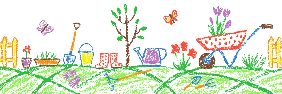 Mit Buntstiften gemaltes Bild. Auf einer Grasfläche steht ein Baum und Blumen sowie Gartenwerkzeug. Links und rechts ist ein gelber Lattenzaun.