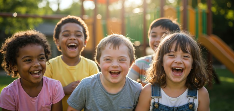 Eine Gruppe von Kindern lacht freuestrahlend.