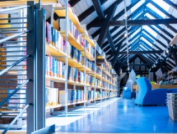 Blick von der Treppe ins Obergeschoss der Stadtbücherei Gernsheim aus der Froschperspektive. Der Boden ist Königsblau. Links stehen Regale mit Büchern, rechts stehen zwei blaue Lesesessel.