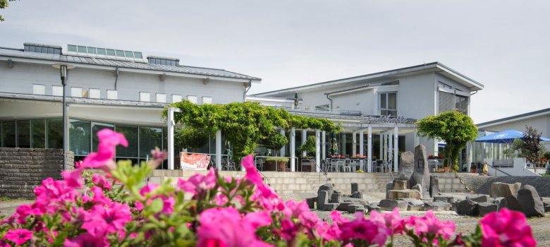 Die Stadthalle Gernsheim von vorne im Vordergrund unscharf eine Pflanze mit pinken Blüten über die hinweg fotografiert wurde