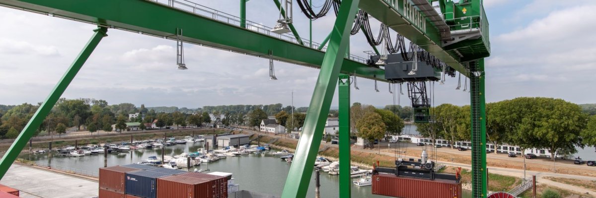 Grüner Brückenkran über diversen Containern. Im Hintergrund der Sportboothafen.