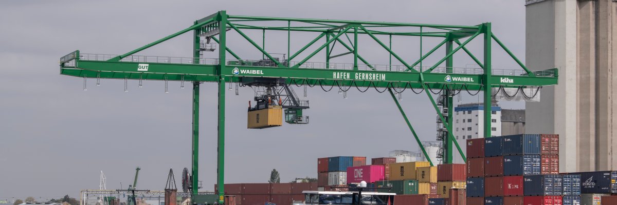 Grüner Brückenkran über diversen Containern. Davor liegt ein Tankmotorschiff mit schwarzem Rumpf im Hafen.
