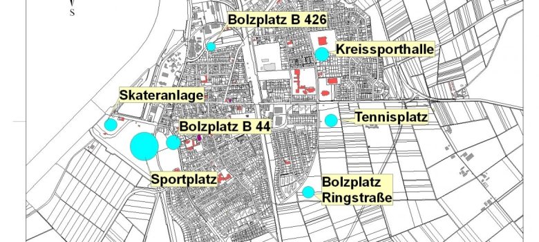 Ein Plan der Gernsheimer Germarkung mit Markierung der Sportflächen.