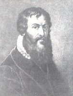 Zeichnung von Peter Schöffer mit etwas längerem Haar und Vollbart. Er trägt eine für die Barockzeit typische runde in Rüschen gelegte Halskrause und einen weiten Mantel mit großen Ärmeln.
