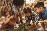 Vier Kinder beugen sich über einen Zweig mit grünen Blättern der auf einem mit braunen Tannennadeln übersäten Boden liegt. Ein Kind hält eine Lupe in der Hand. Im Hintergrund ist der Stamm eines Nadelbaums zu sehen.