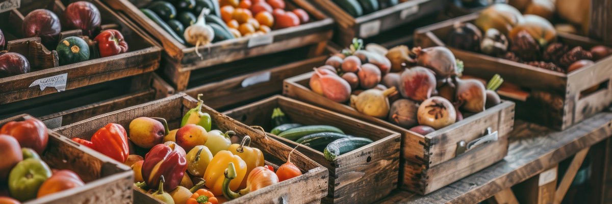 vegetable shop. organic shop farmers market, vegetarian, vegan food background. Fresh healthy vegetables in wooden boxes on table