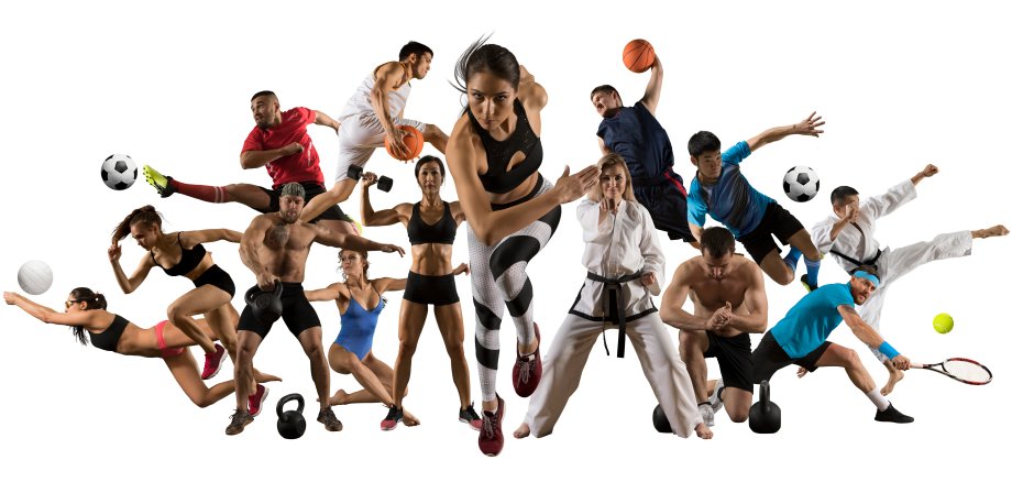 Collage von 14 Personen bei der Ausübung verschiedener Sportarten. Leichtathletik, Taekwondo, Tennis, Karate, Fußball, Basketball, Bodybuilding usw.