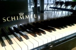 Eine Großaufnahme der Tasten eines Flügels der Marke Schimmel. In einer Spiegelung im schwarzen Lack sieht man Stuhlreihen, die scheinbar aus den Tasten heraus kommen.