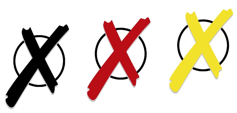 Drei schwarz umrandete Kreise auf weißen Hintergrund zum Ankreuzen. Die Kreise sind von links nach rechts mit einem schwarzen, einem roten und einem gelben Wahlkreuz versehen.