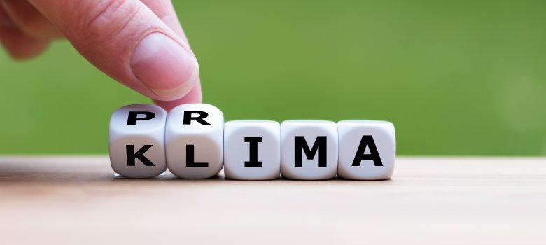 Ein Würfel bildet die Wörter Prima Klima 