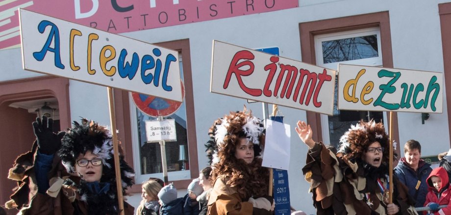 Drei Kinder in Eulenkostümen mit Schildern Alleweil kimmt der Zuch.