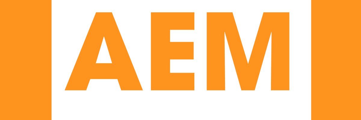 Orangefarbenes Logo mit den Buchstaben "AEM" in einer Sprechblase.