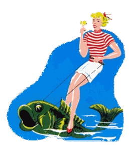 Logo Fischerfest Mädchen auf Fisch. Der Fisch ist grün und hat eine Trense im Maul. Auf seinem Rücken steht ein blondes Mädchen in weißen Shorts und rot weiß gestreiftem Shirt im Stil der 50er Jahre. Sie hält mit einer Hand die Zügel und mit der anderen ein Glas Weißwein.