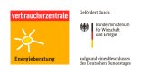 Zweigeteiltes Bild Links In weiß das Wort Verbraucherzentrale auf rotem Untergrund. Darunter eine Sonne auf orangenem Untergrund und das Wort Energieberatung. Rechts der Text Gefördert durch: Bundesministerium für Wirtschaft und Klimaschutz aufgrund eines Beschlusses des Deutschen Bundestags.