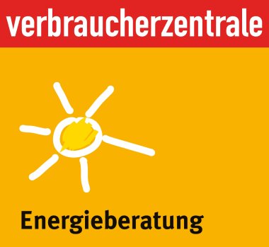 In weiß das Wort Verbraucherzentrale auf rotem Untergrund. Darunter eine Sonne auf orangenem Untergrund und das Wort Energieberatung.