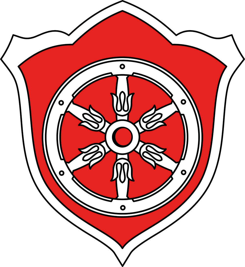 Gernsheimer Stadtwappen welches in Ziegelrot und weiß dargestellt ist und das Mainzer Rad beinhaltet.