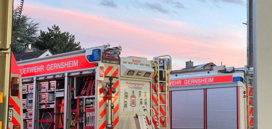 Zwei Feuerwehrfahrzeuge von der Seite. An eines ist ein Schlauch angeschlossen.