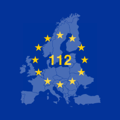 Landkarte von Europa in Blau. In der Mitte die Nummer 112. Um die Nummer sind im Kreis Sterne angeordnet.