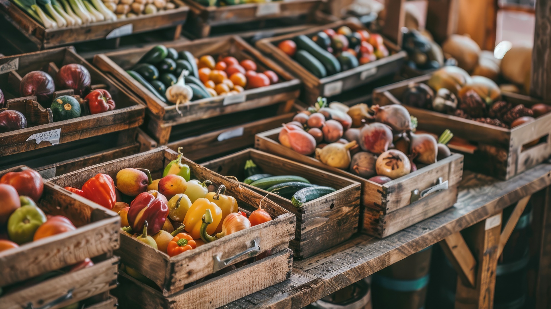 vegetable shop. organic shop farmers market, vegetarian, vegan food background. Fresh healthy vegetables in wooden boxes on table Marktkisten mit Gemüse und Obst